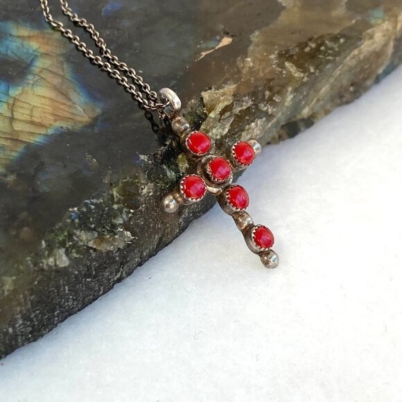 VTG Sterling Silver 925 Southwest Coral Multi Stone Cross Pendant Necklace 16" - Picture 5 of 16